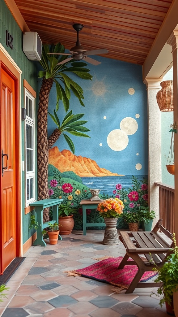 A boho back porch featuring a colorful mural of palm trees and a beach scene, with vibrant flowers and cozy seating.
