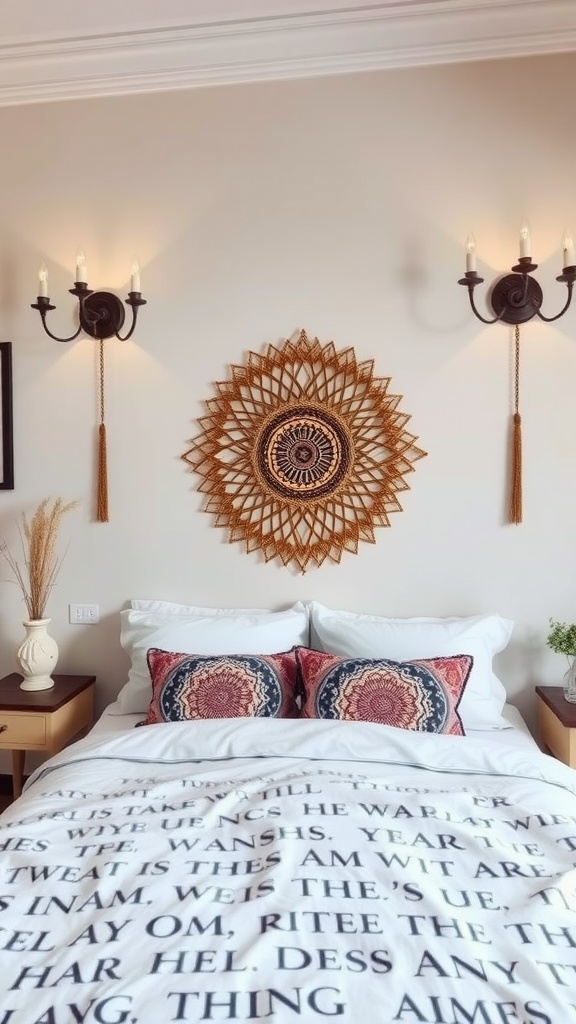 Artistic wall sconces beside a woven wall decor in a boho bedroom