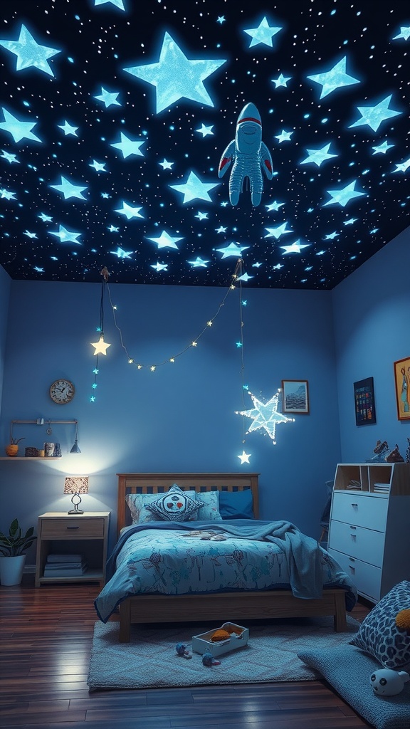 A boys bedroom designed with an astronaut theme, featuring a starry ceiling, cozy bed, and playful lighting.