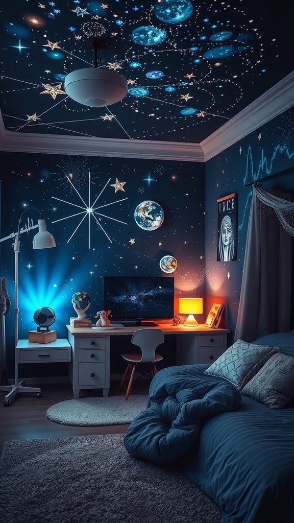 A cozy teenager's bedroom with an astronomy theme featuring a star projector and celestial designs on the walls and ceiling.