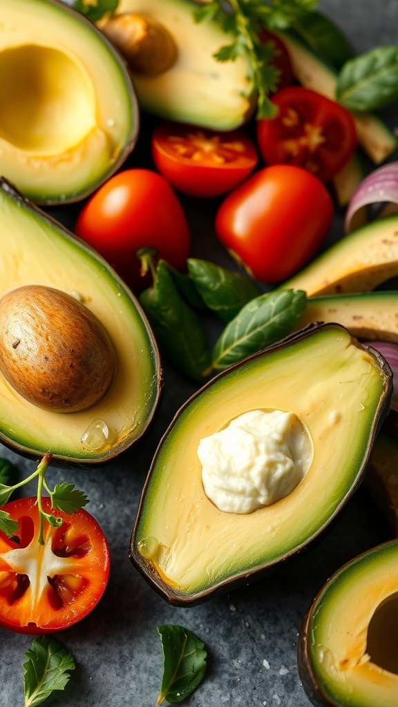 Fresh avocados with tomatoes and herbs on a gray surface