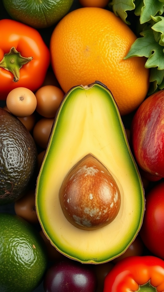 A fresh avocado cut in half, surrounded by various colorful fruits and vegetables.
