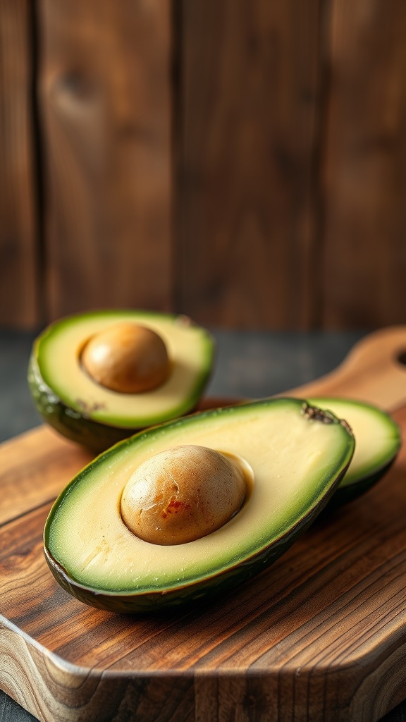 Two halved avocados on a wooden cutting board, showcasing their creamy insides and seeds.