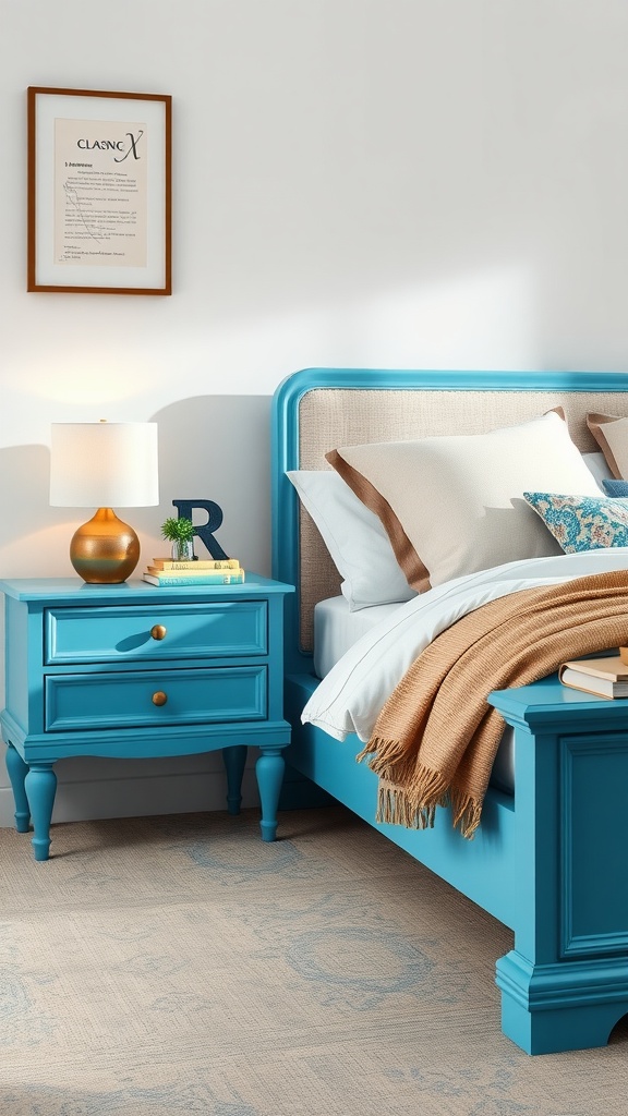 A stylish bedroom featuring azure blue nightstands with a warm lamp and cozy bedding.
