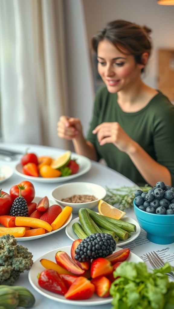 A woman sitting at a table with a variety of fresh fruits and vegetables, looking engaged and thoughtful.
