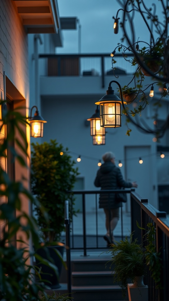 A cozy balcony with warm lighting fixtures and hanging lanterns, creating an inviting outdoor atmosphere.