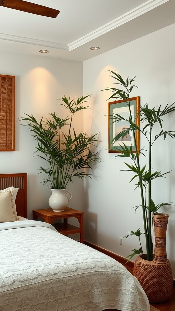 A cozy bedroom featuring bamboo plants and wooden furniture, enhancing a Boho jungle theme.