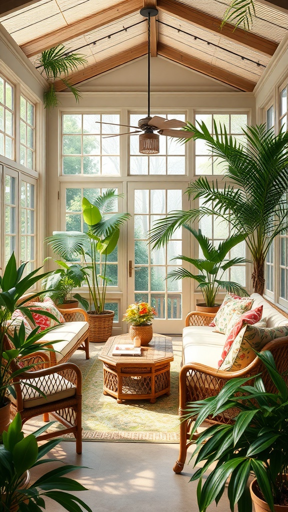 A bright sunroom featuring bamboo furniture, colorful cushions, and lush green plants.