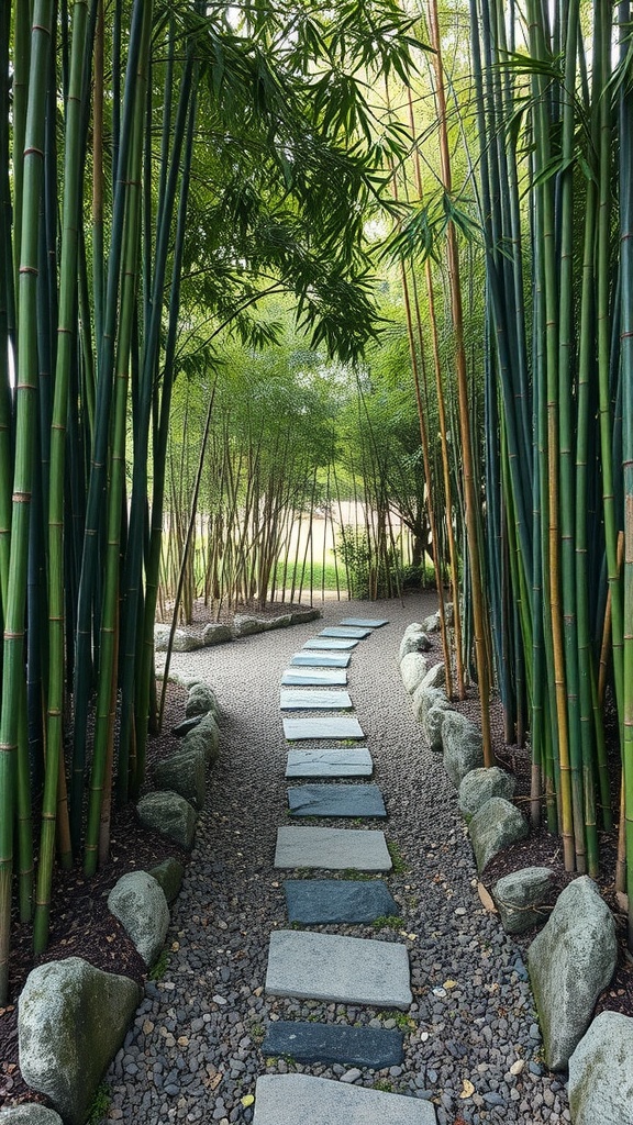A bamboo and stone pathway winding through lush green plants.