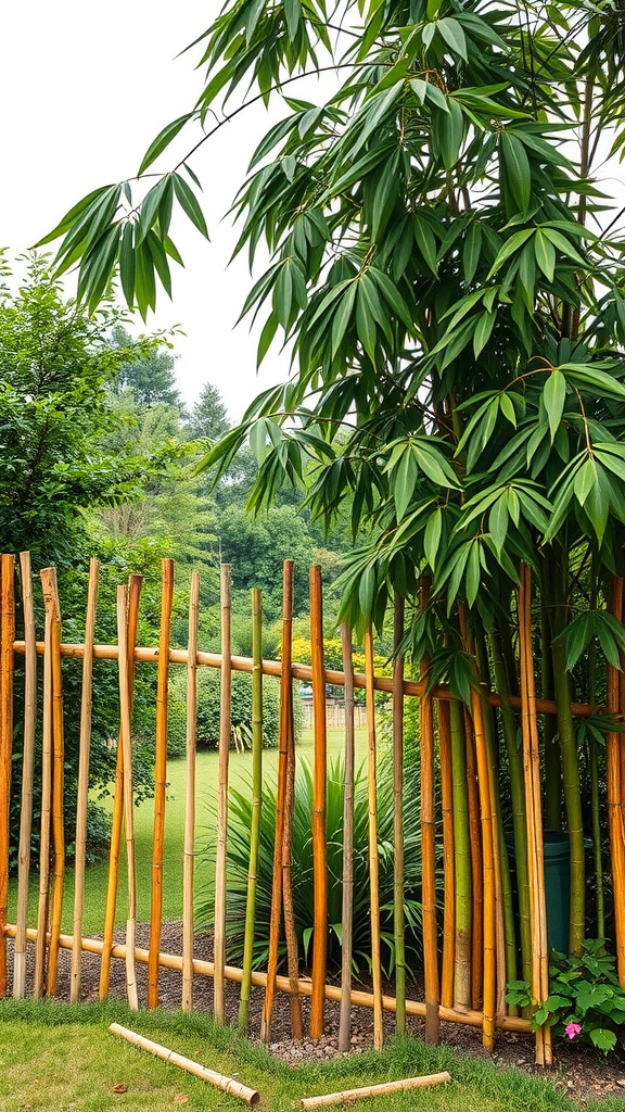 A bamboo fence surrounded by lush greenery in a garden.