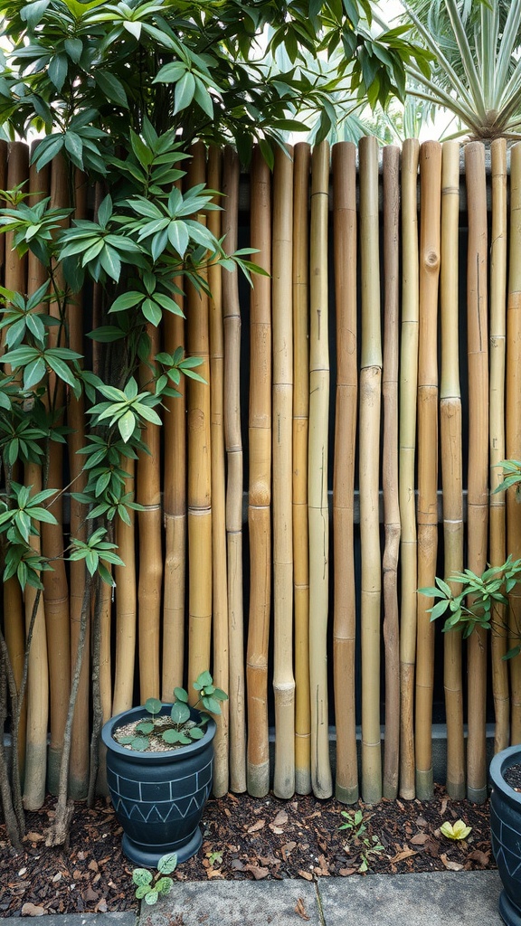 Bamboo fencing with green plants in a small garden