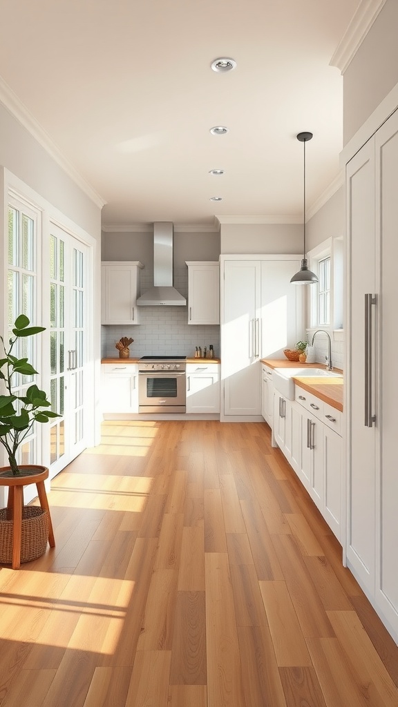 A bright farmhouse kitchen featuring bamboo flooring with white cabinets and natural light.