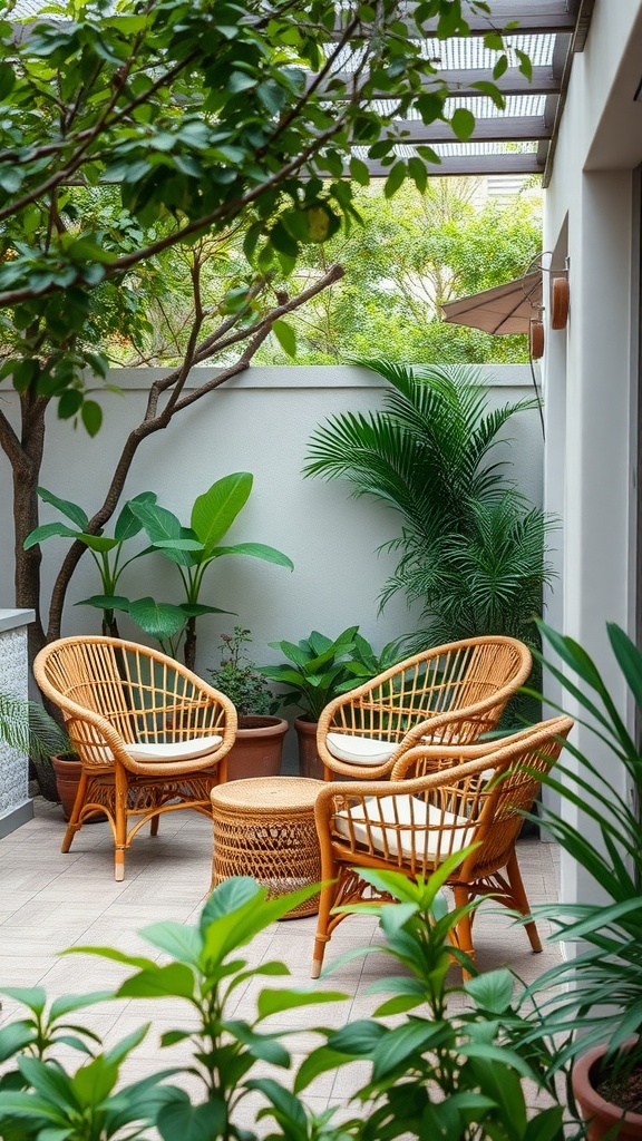 Cozy bamboo garden furniture surrounded by lush greenery