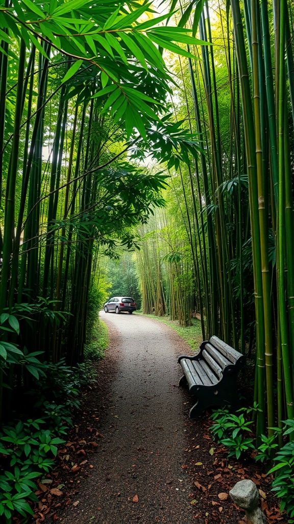 A serene bamboo garden path with lush green foliage, featuring a well-defined trail and a bench for relaxation.
