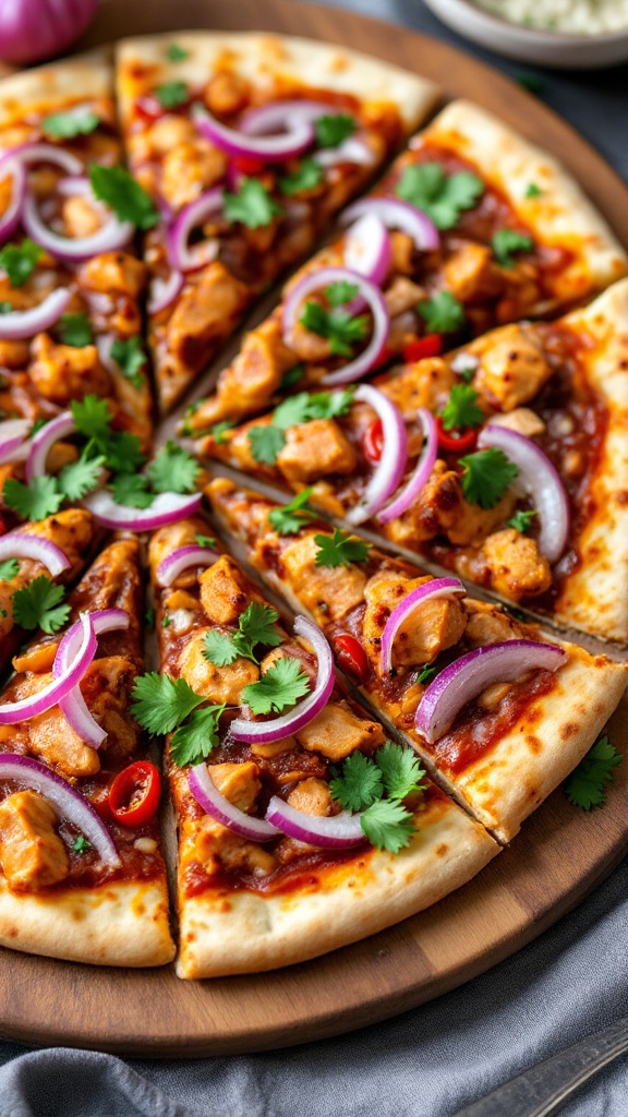 A delicious barbecue chicken pizza topped with red onions and cilantro, sliced and served on a wooden board.