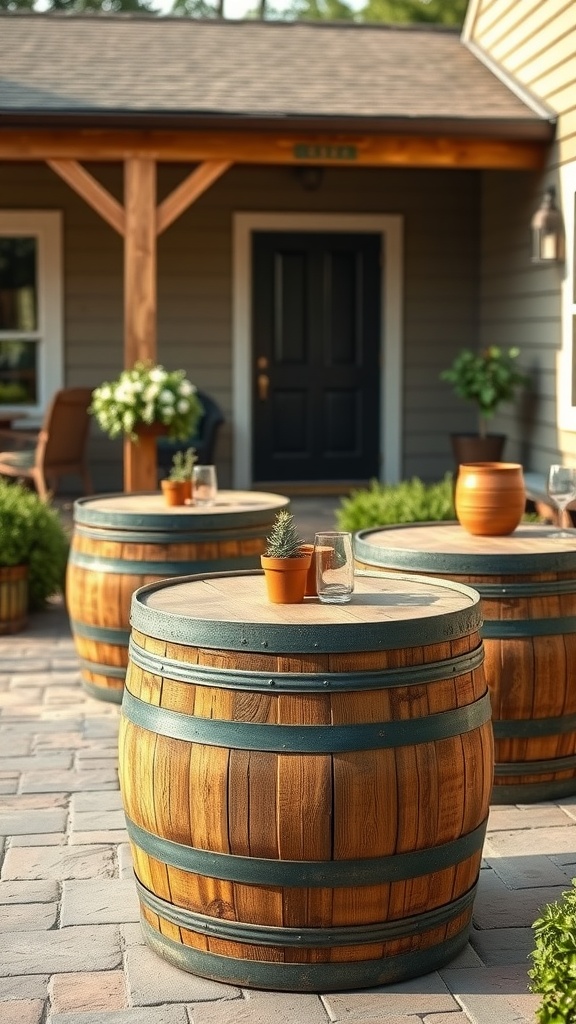 Cozy patio with wooden barrel tables and stone flooring.