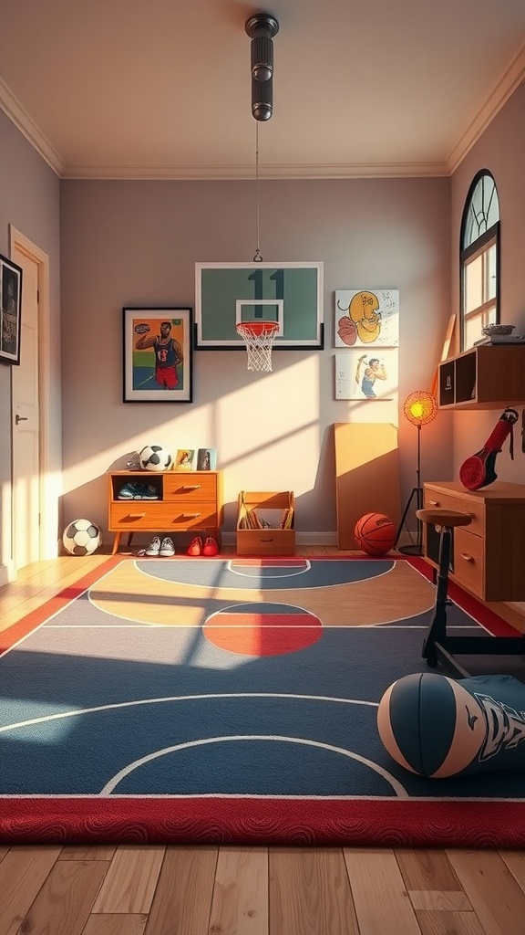 A basketball court inspired floor mat in a teenage boy's room with various sports equipment and artwork.