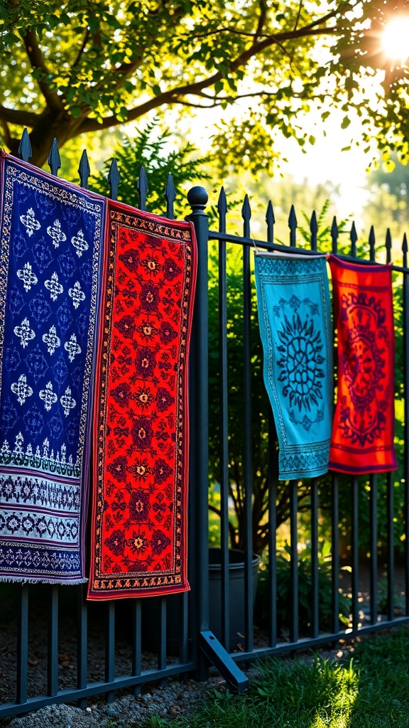 Colorful batik fabric banners hanging on a garden fence