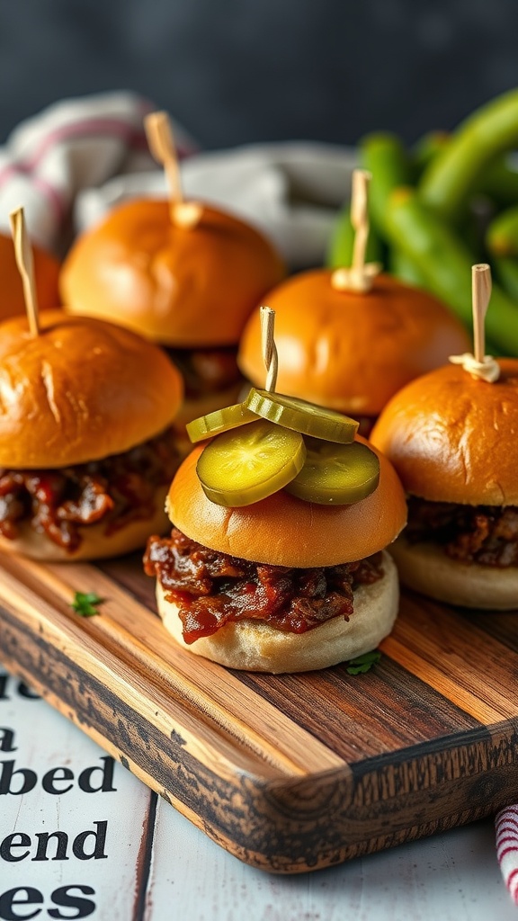 BBQ Beef Sliders with Pickles on a wooden platter