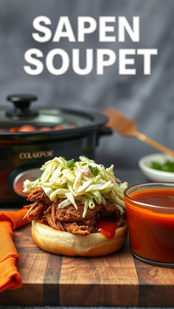 A delicious BBQ pulled pork sandwich with coleslaw on a wooden board, with a bowl of sauce nearby.