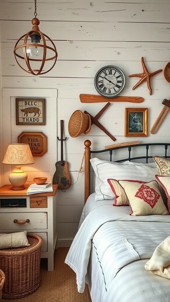 A cozy bedroom with beach-themed decor, featuring vintage finds like a wooden clock, starfish, and soft bedding.