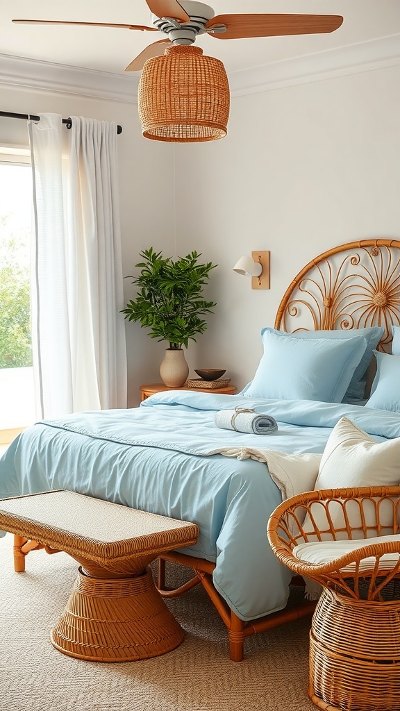 A cozy bedroom featuring beachy rattan furniture, light blue bedding, and natural decor