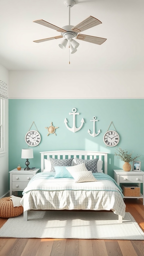 A cozy bedroom featuring a seafoam green accent wall with nautical decorations, a white bed, and wooden flooring.