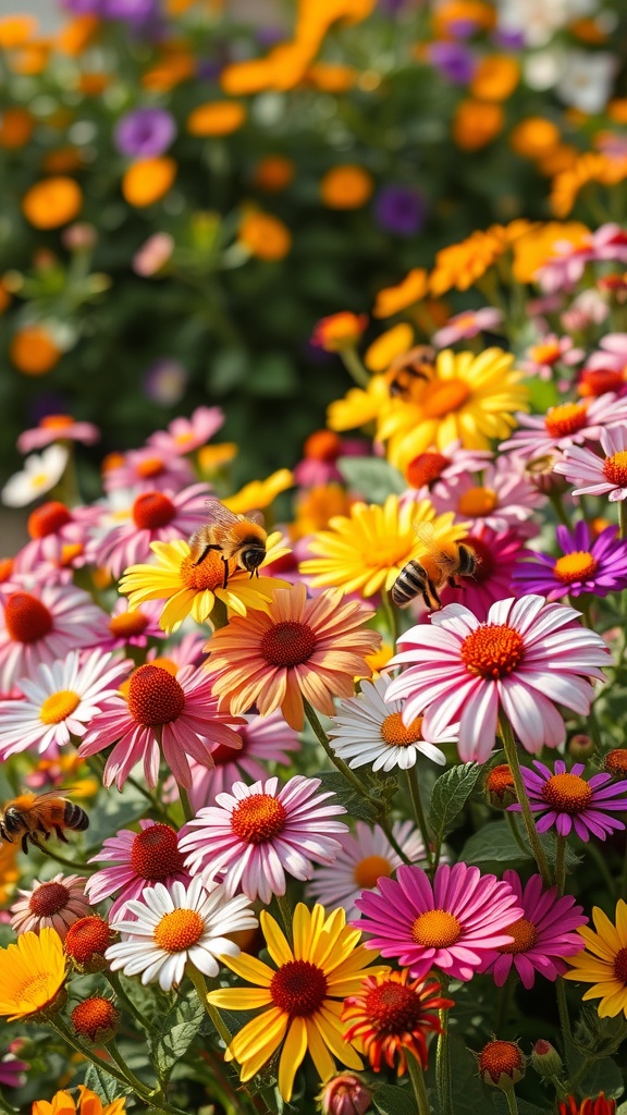 A colorful flower bed filled with various blooms, buzzing bees, and bright colors, ideal for attracting pollinators.