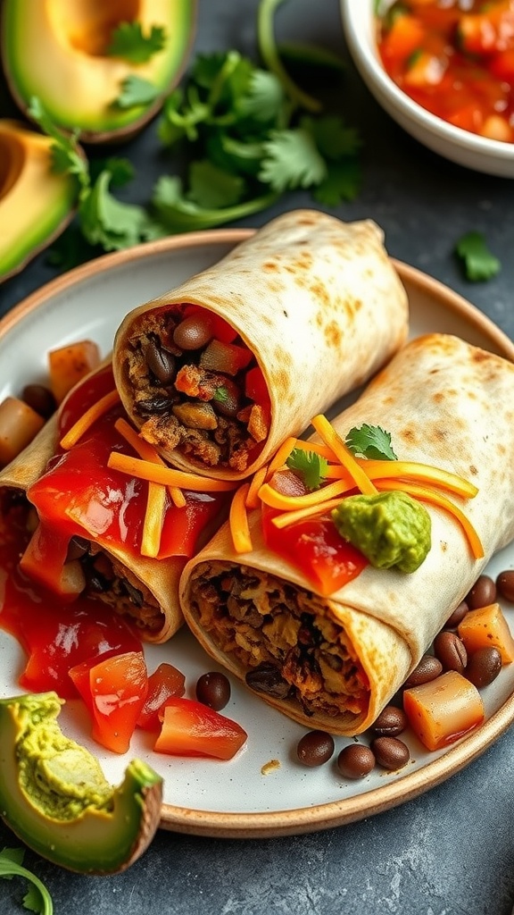 Delicious beef and bean burritos garnished with cheese and cilantro