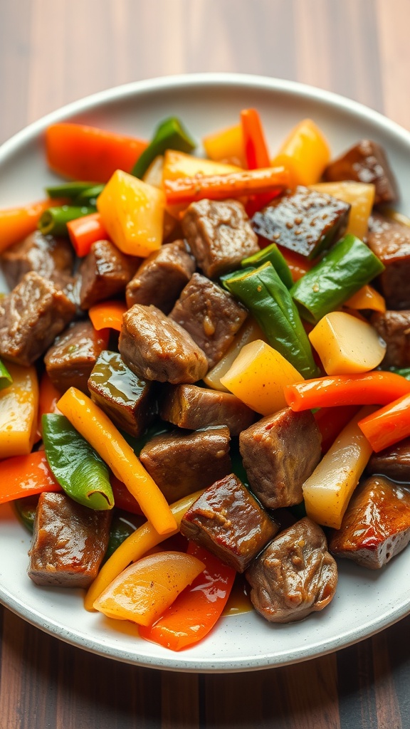 A delicious beef and vegetable stir-fry served on a plate.