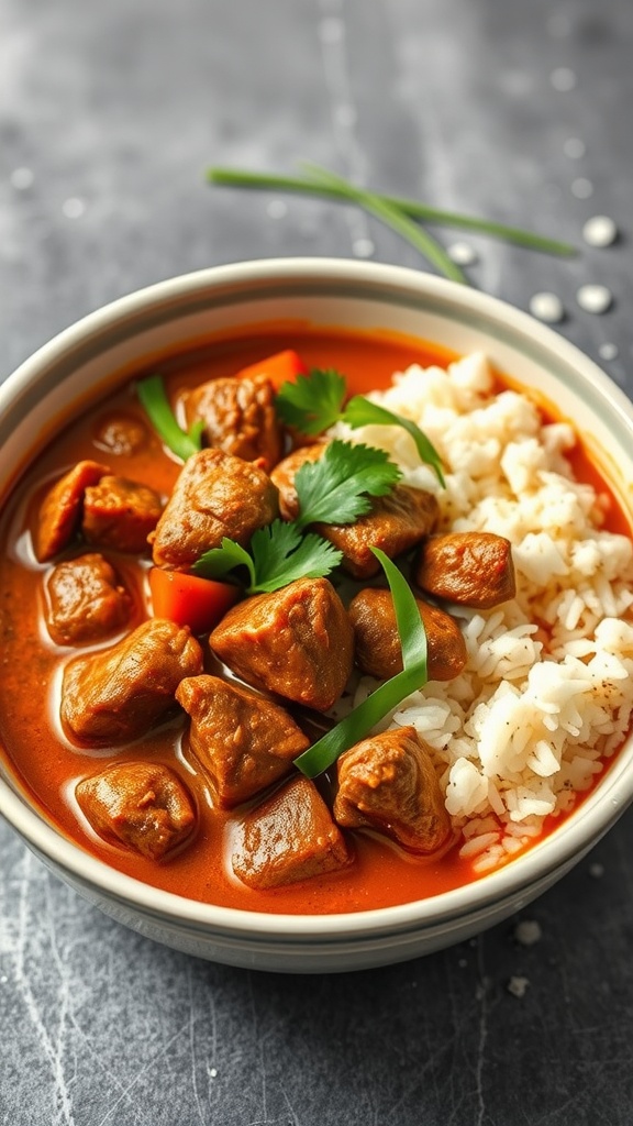 A bowl of beef curry with coconut milk served with rice and garnished with cilantro.