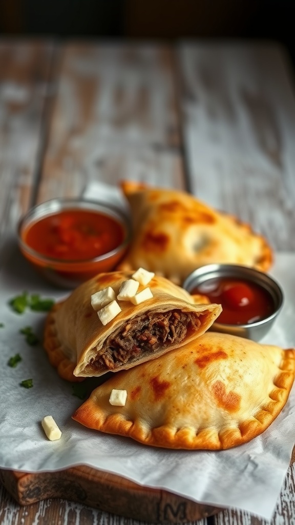 Delicious beef empanadas served with spicy salsa