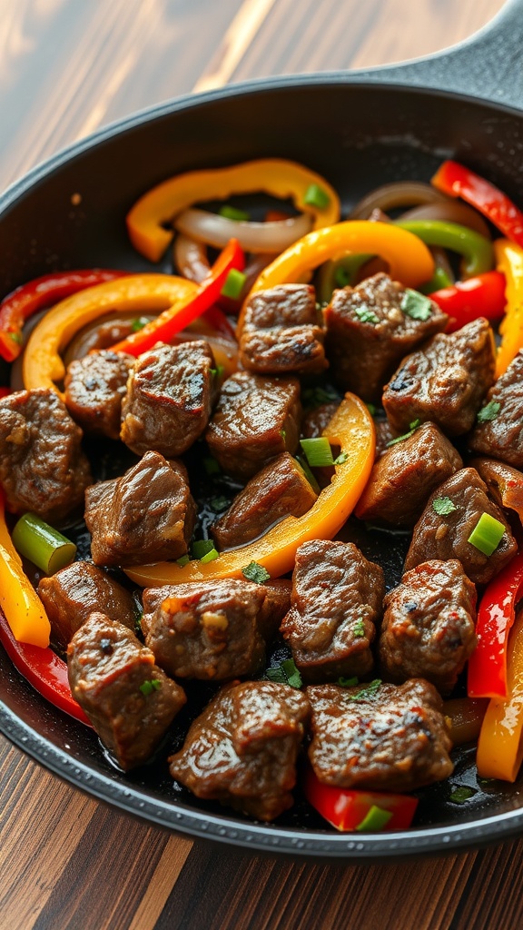 A skillet filled with juicy beef chunks and colorful sautéed peppers ready to be served in tortillas.