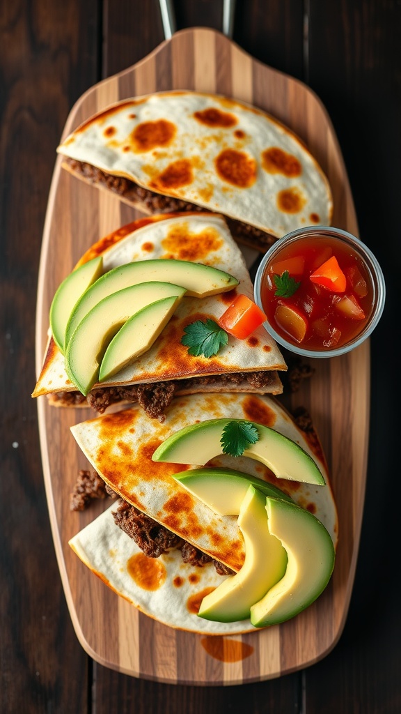 Delicious beef quesadillas with avocado slices, served on a wooden platter.