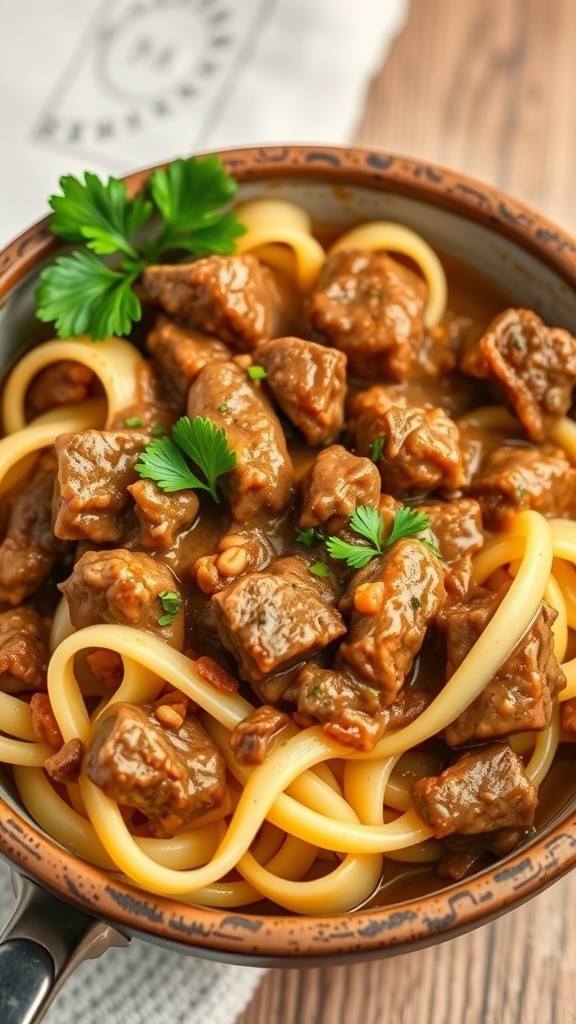A bowl of Beef Stroganoff with Egg Noodles, garnished with parsley.