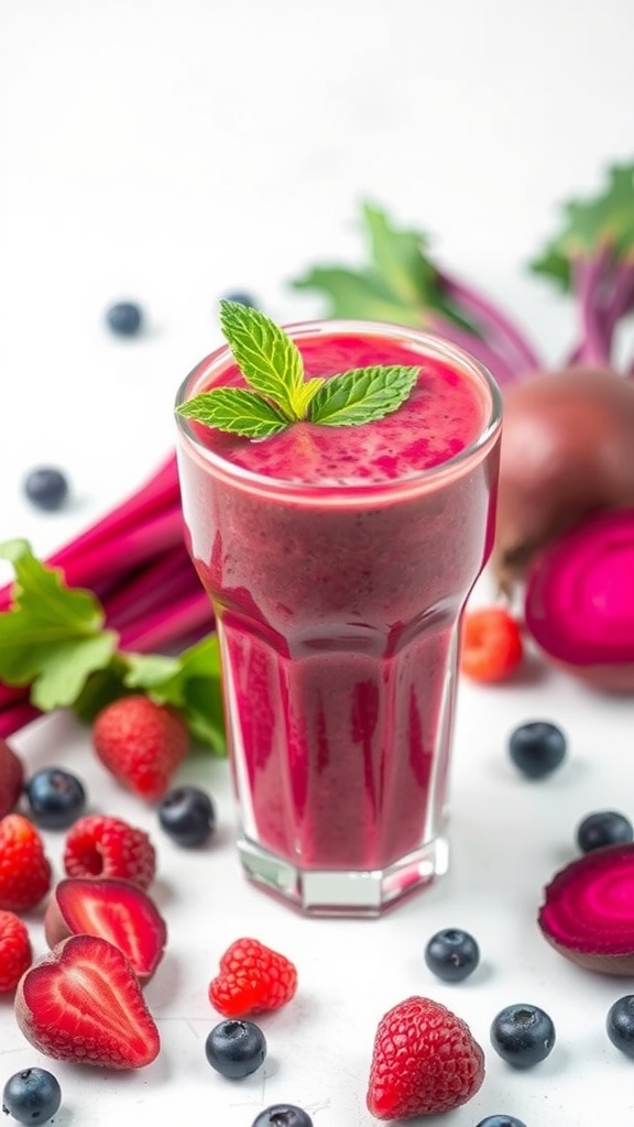 A vibrant beetroot berry smoothie in a glass garnished with mint, surrounded by fresh berries and beetroot.