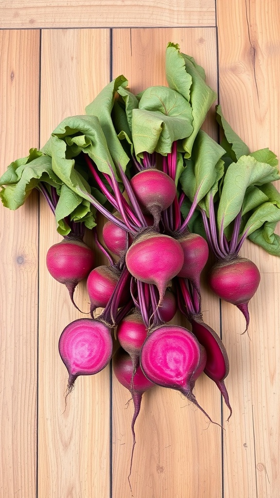 Fresh beets with greens on a wooden surface