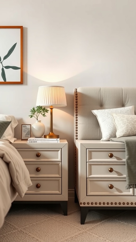 Two beige nightstands with a lamp, a plant, and decorative items in a beige bedroom