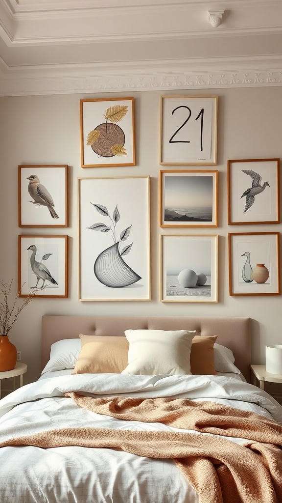 A beige-themed bedroom featuring various framed artworks on the wall above a neatly made bed with beige and white linens.