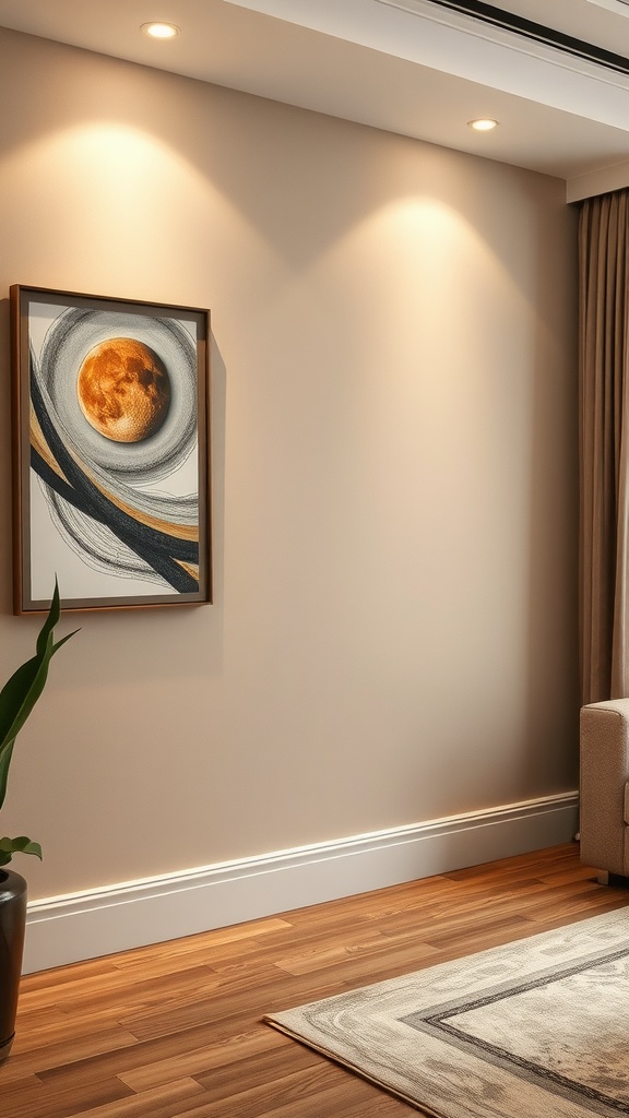 Beige accent wall with artwork and modern decor
