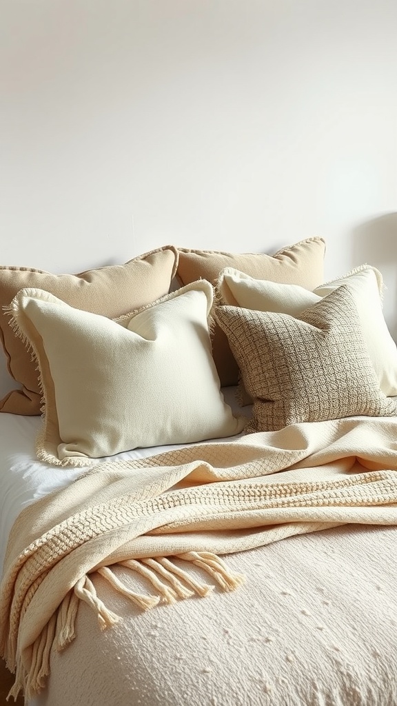 Cozy beige pillows and blanket on a bed