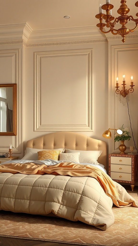 A cozy beige bedroom with gold accents featuring a plush bed, elegant chandelier, and soft decorative elements.