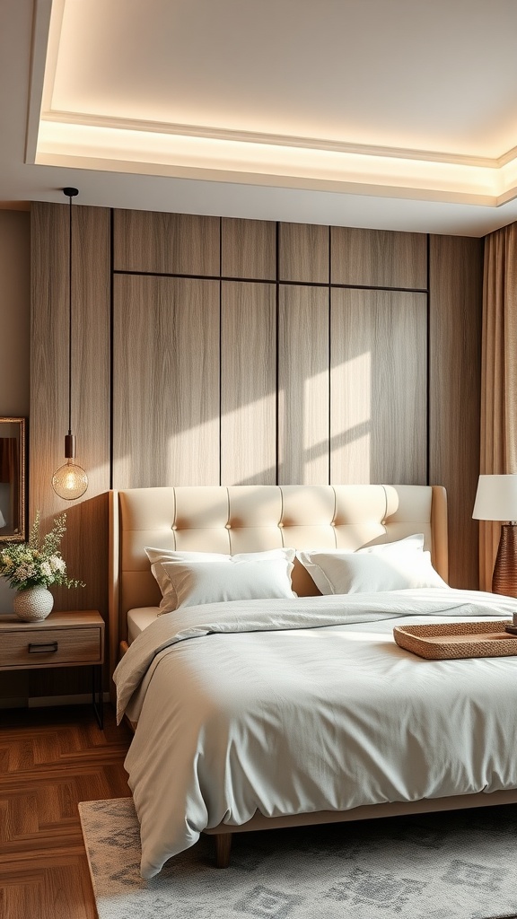 A modern bedroom featuring a beige bed frame with a tufted headboard, wooden accents, and soft bedding.