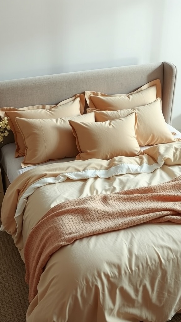 Cozy beige bedding with textured throws and pillows