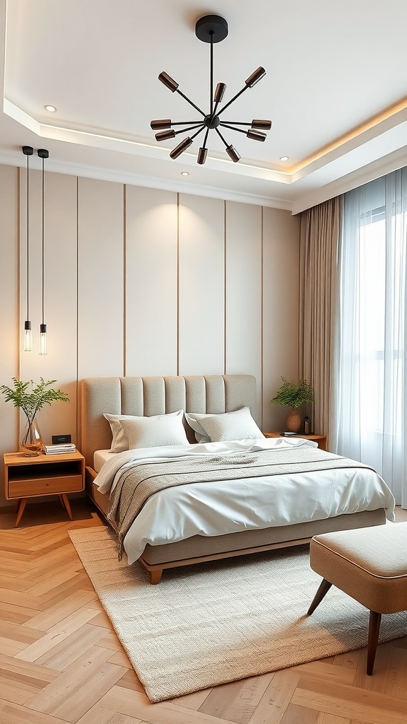 A modern beige bedroom featuring a cozy bed, stylish lighting, and minimalistic decor.