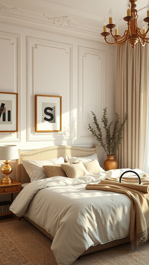 Elegant beige bedroom with layered bedding, soft curtains, and stylish decor