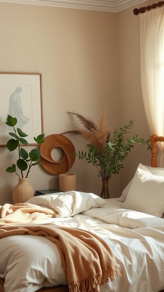 A cozy beige bedroom featuring a bed with soft bedding, a throw blanket, and potted plants, creating a natural and inviting atmosphere.