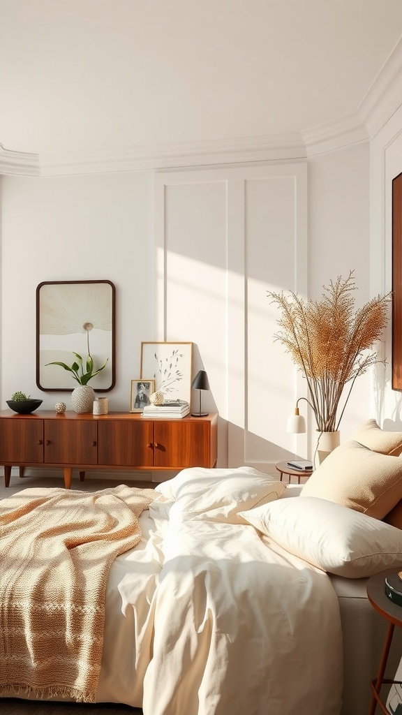 A cozy beige bedroom featuring a comfortable bed, artistic decor, and natural light.