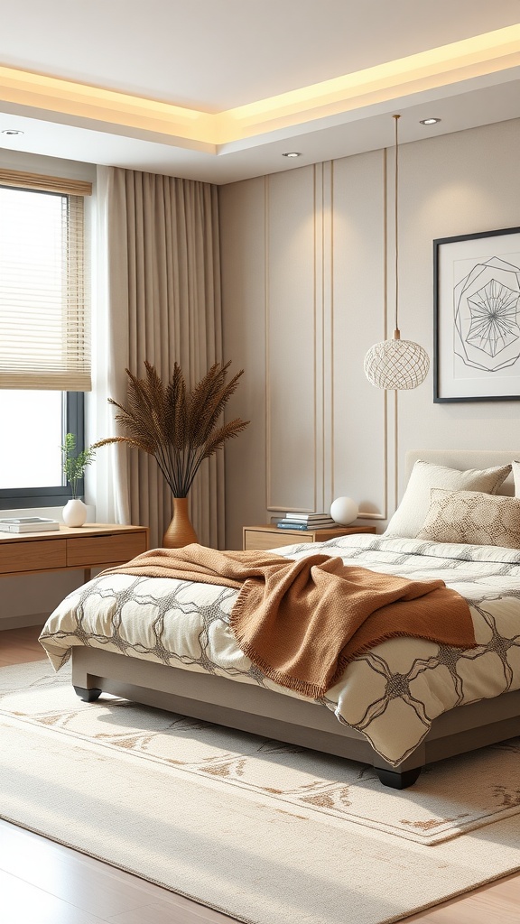 A modern beige bedroom featuring geometric patterns on the bedding, warm lighting, and natural decor.