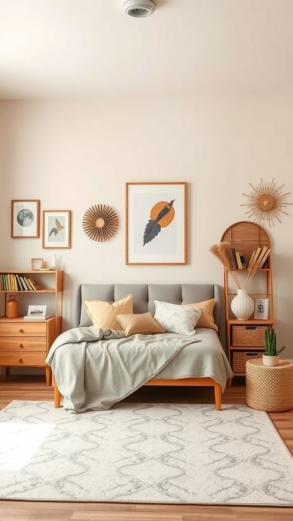 A cozy beige bedroom featuring a modern bed, decorative artwork, and natural elements.